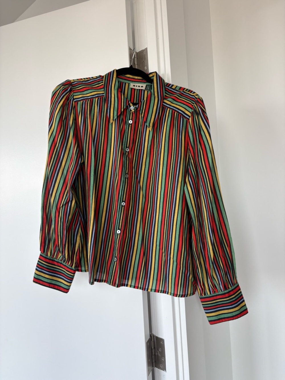 RIXO Multi-Color Striped Button-Up Blouse